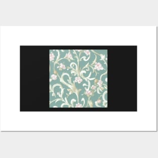 Ivory Cream and Aqua Light Teal Pink Flowers Posters and Art